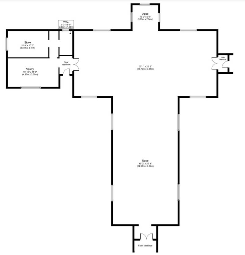 Floorplan of Gothic church for sale, Kirkcudbright 